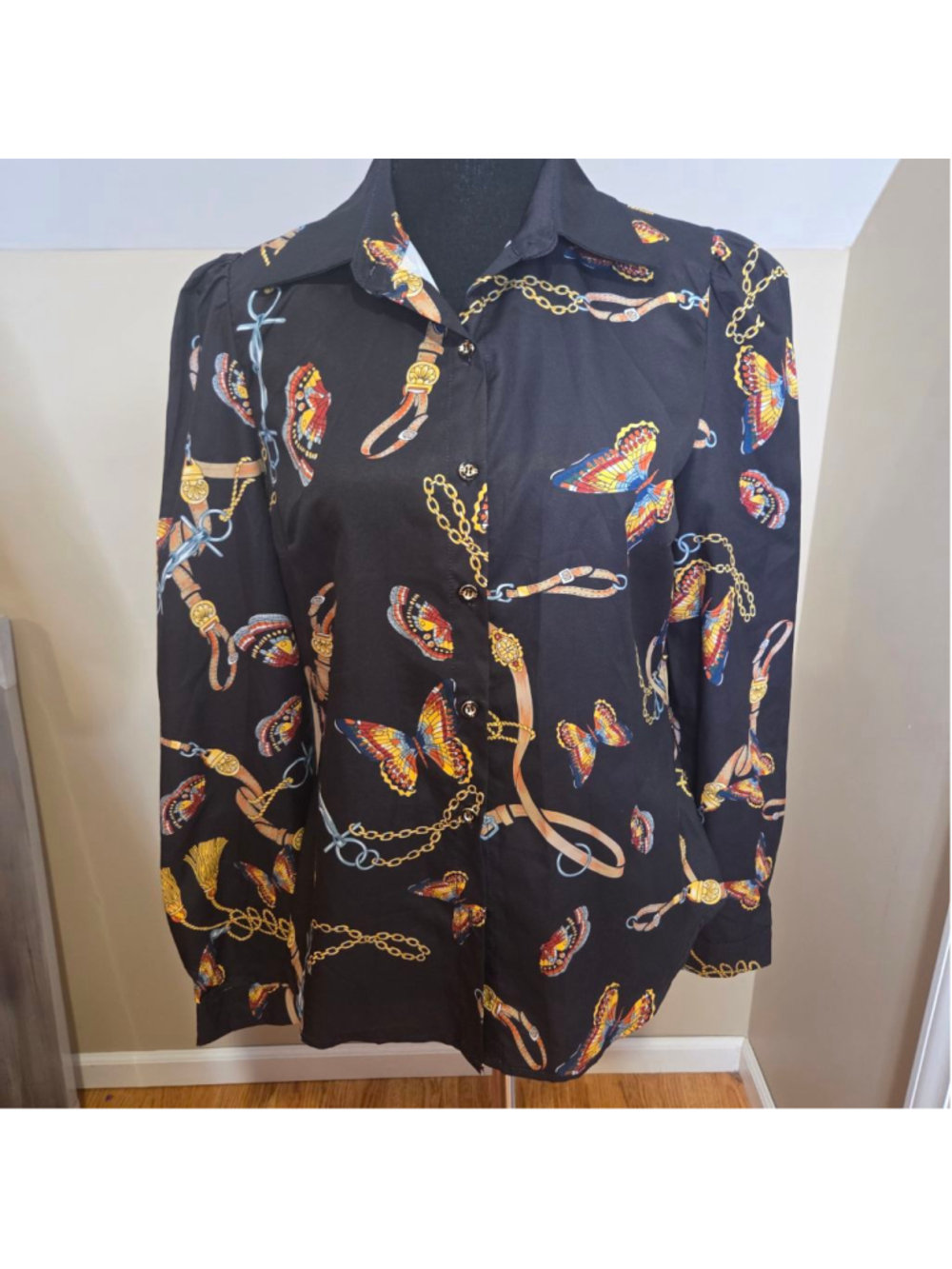 ChicMe Button Down Shirt Black Gold Butterfly Print Size M